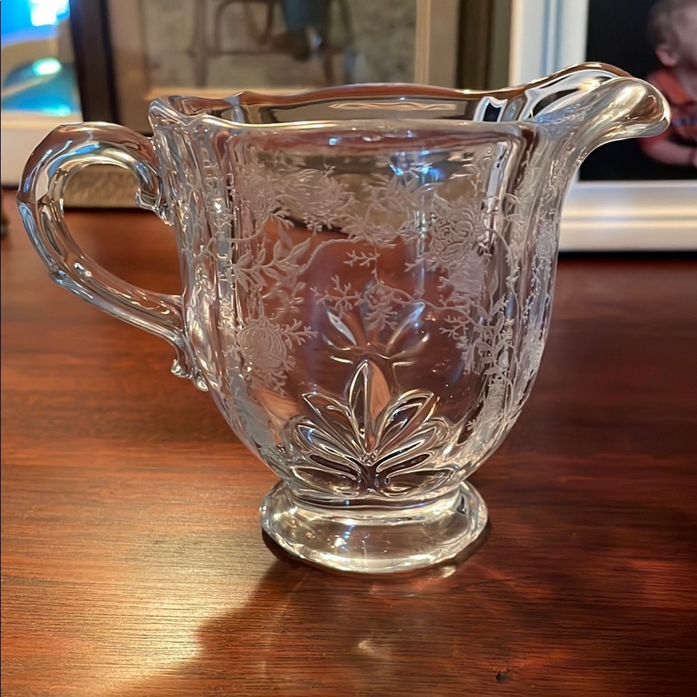 Vintage 1930s Fostoria Chintz pattern etched baroque 3 7/8” footed creamer